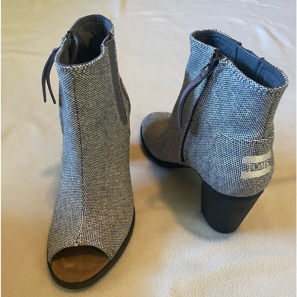 TOMS Castlerock Gray Metallic Linen Women's Majorca Peep Toe Booties size 7